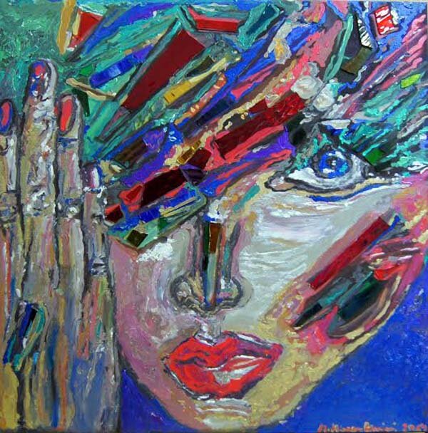 Artist: Manuella Muerner Marioni Title: Spectrum Art Face Dark Medium: Acrylic with Spectrum glass Fragments on Canvas Size: 35.45 x 35.45 x 2 inches (Height x Width x Depth) Year: 2014 This Painting disappeared at the Art Hamptons 2014, at Booth 414 !!!!!