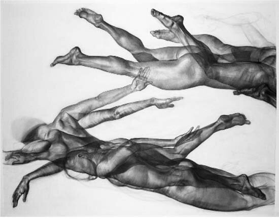 Sanda Skujiņa / LV, “Swimmers who were destined to meet but it never happened”, 2016, acrylic / charcoal on canvas, 150x200 cm.