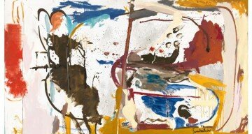 First Creatures, 1959, huile, émail, fusain, et crayon sur lin, 164,5 × 281,9 cm © 2017 Helen Frankenthaler Foundation, Inc./Artists Rights Society (ARS), New York. Photo par Rob McKeever.